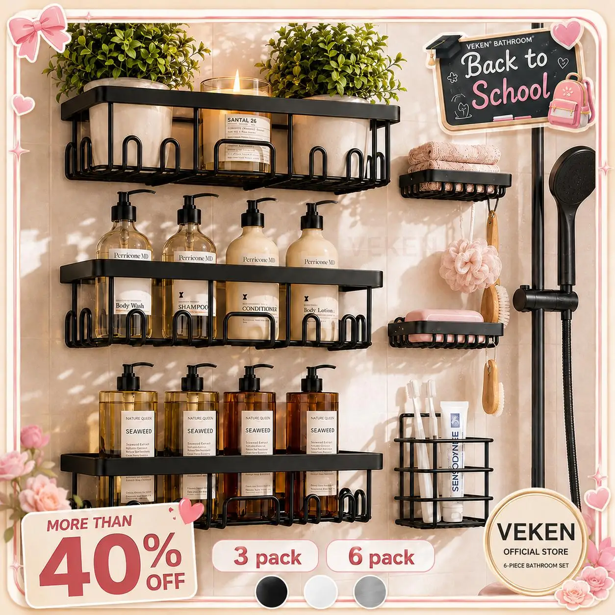 【Veken】 3/6-Pack Life-Changing Rustproof Shower Caddy, Effortless No-Drill Wall Shelves with Soap Holder, End Bathroom Clutter for Good, Multi-use Kitchen & Home Storage