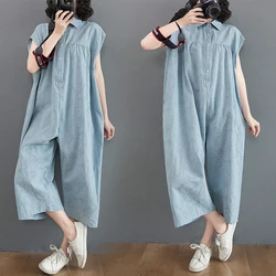 Baumwolle Leinen Jacquard Vintage Frauen Overalls Breite Bein Hosen Korea Stil Mode Sommer Overalls Lose Dame Strampler Overalls