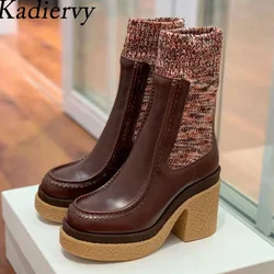 Kwadratowe obcasy Dzianinowe buty Kobieta Prawdziwa skóra Patchwork Krótkie buty Platforma Buty Kobiety Gruba podeszwa Wysokie obcasy Skarpety Kobiety