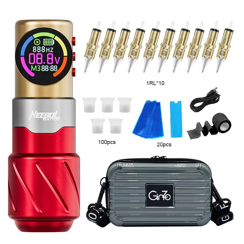 S4 Wireless Tattoo Gun Kit-Tattoo Kit with LED Digital Display,10PCs Cartridge Needles, Machine Set for Beginner