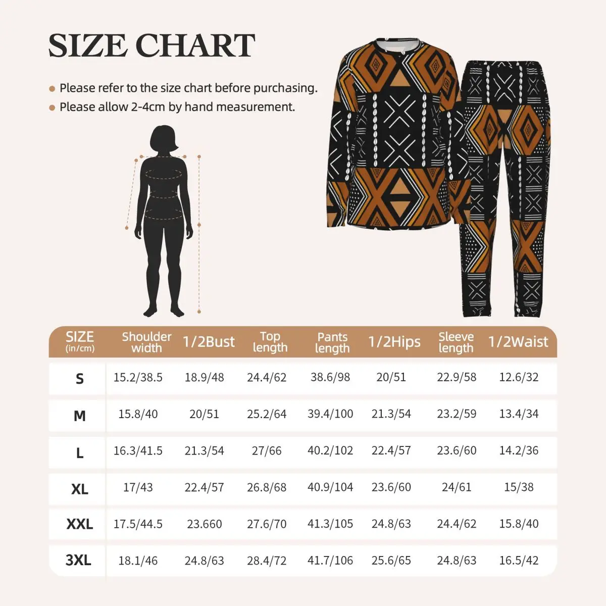 African Mud Cloth Bogolan Design Round Neck Long Sleeve Nightgowns for Sleeping Sleepshirts Women Soft Pajama Set Long Pants