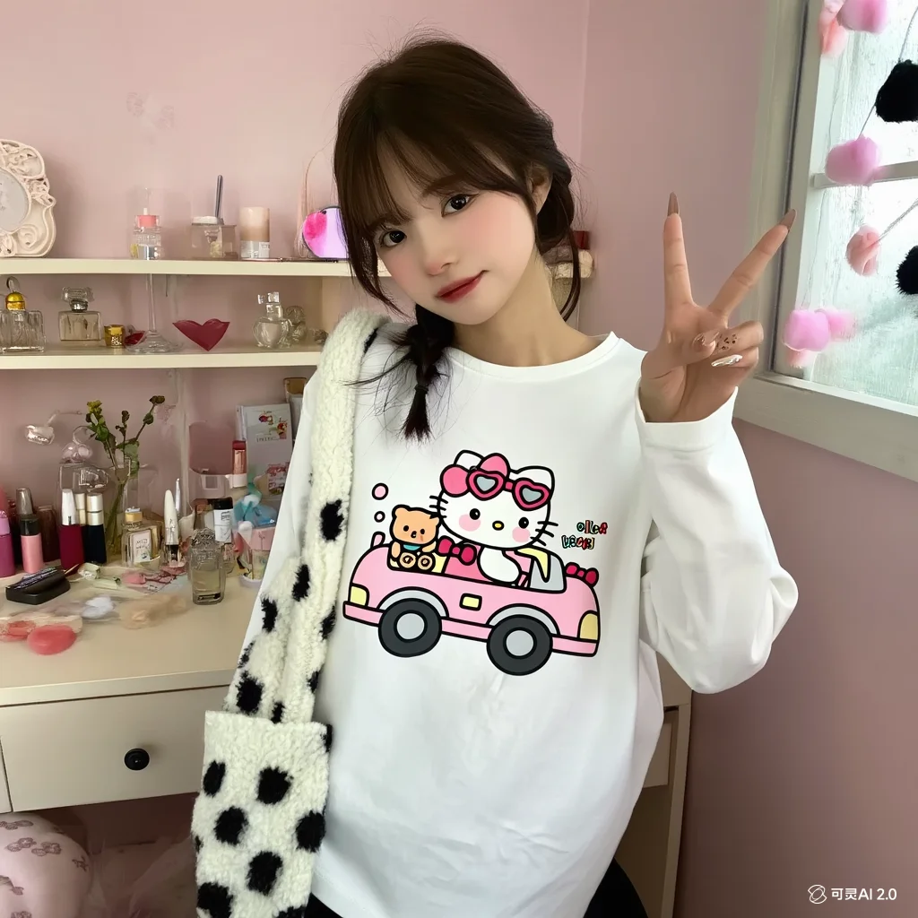 Hello Kittys Frische Literatur, runder Kragen, süßer Kawaii-Trend, koreanische Version, Literatur, Retro, lange Ärmel, Druck, All-Match