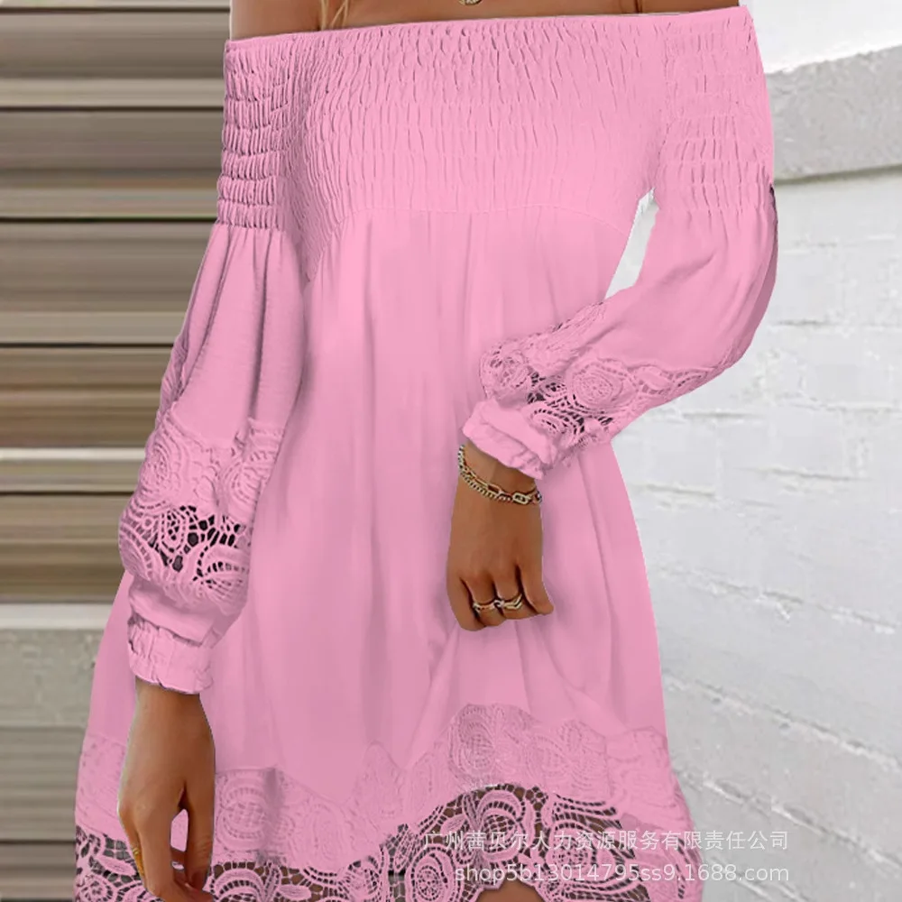 New Lace Stitching One-word Shoulder-wrapped Chest Long-sleeved Dress for Women
