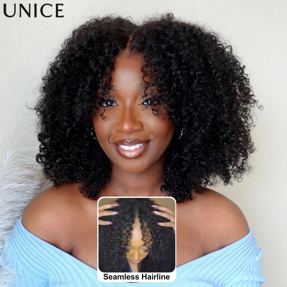 

Парик UNice Kinky Curly V-образной формы из натуральных волос, плотность 180%, с завязками, для начинающих, минимальное количество волос для наращивания