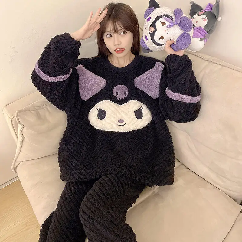 Sanrio nuevo estilo pijamas 2 uds Kuromi Coral franela ropa de hogar Otoño e Invierno franela agregar franela gruesa conjunto Casual caliente