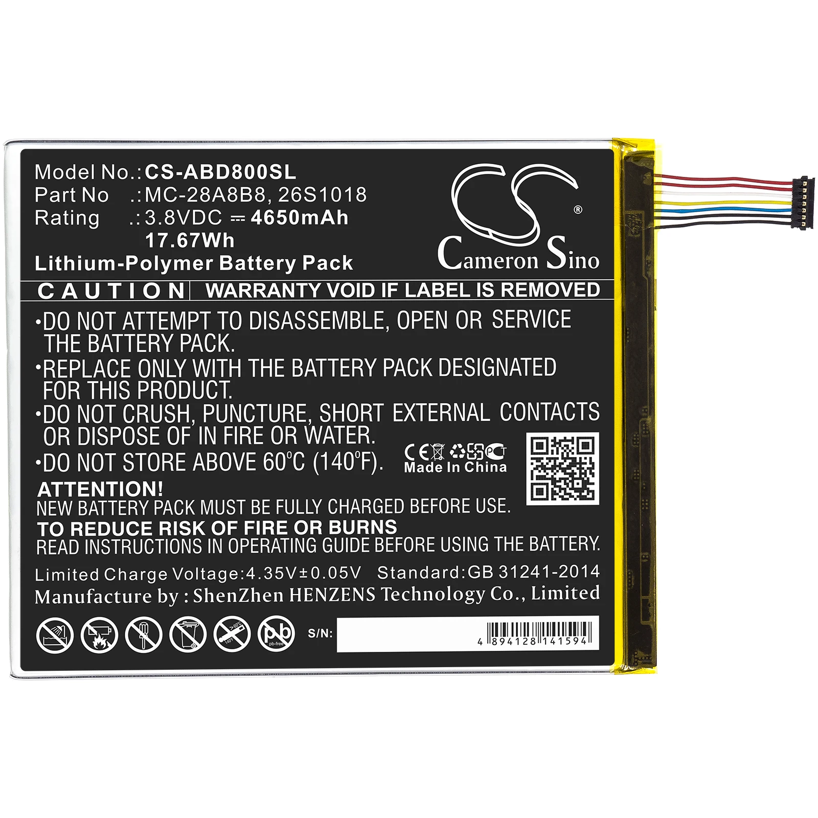 Li-Polymer Tablet Battery for Amazon,3.8v,4650mAh,Kindle Fire HD 8,PR53DC,26S1018,58-000161,MC-28A8B8