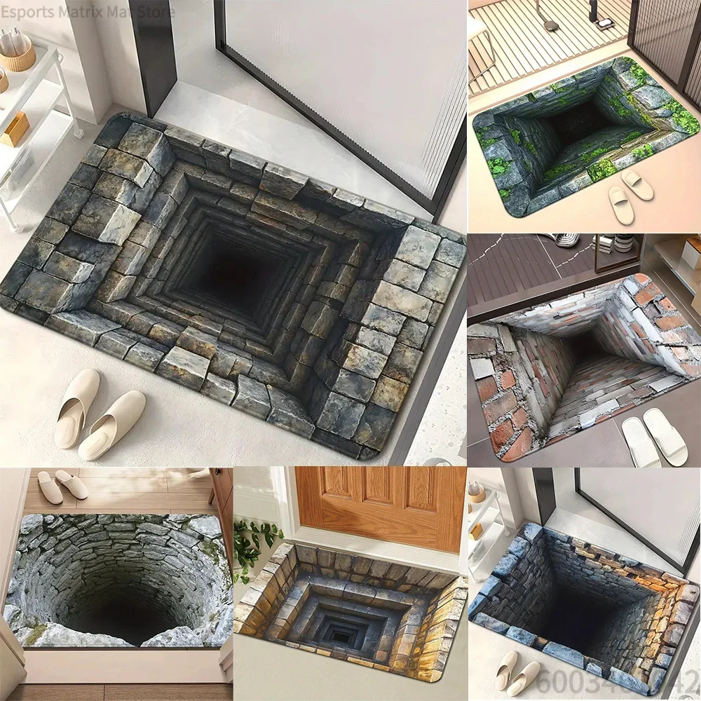 3D Visual Effect Door Mat With Stone Well Cave Patterns Non Slip Durable Creative Entrance Rug Indoor Outdoor Home Decor