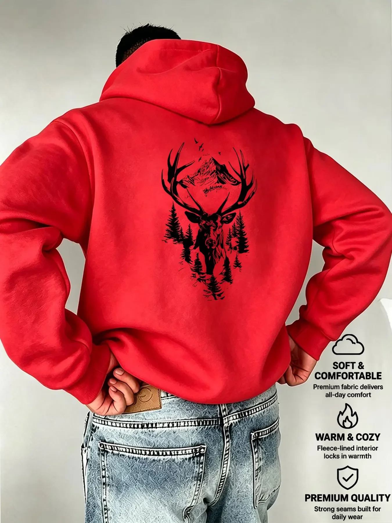 Men's Fleece-Lined Hoodie with Deer Head & Forest Graphic – Retro Wilderness-Style Loose Streetwear Pullover for Autumn/Winter