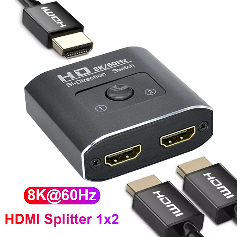 8K 60Hz Bi-Direction Switch HDMI Splitter 1x2 HDMI Switch 1 in 2 out Video Distributor Splitter HD 1080P Dual Display for Laptop