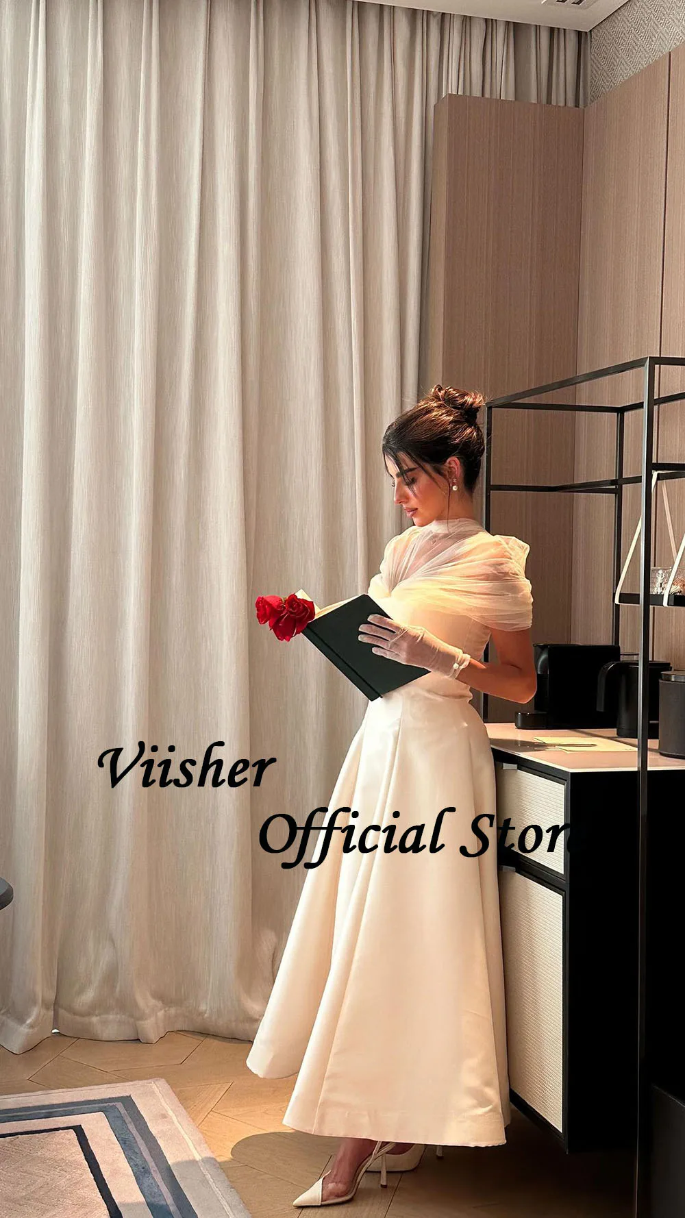 Viisher White A Line Arabia Dubai Wedding Dresses Mono Satin Tulle Elegant Bride Dress Ankle Length Wedding Bridal Gowns