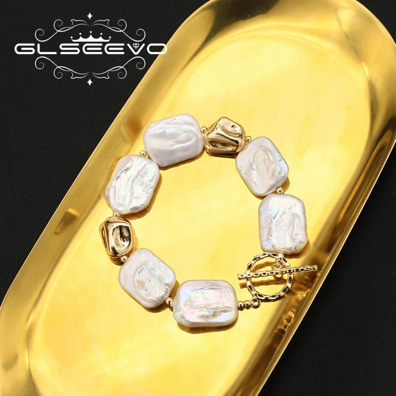 GLSEEVO Shining Natural Baroque White Square Pearls Luxury Bracelet For Woman Fashion Luxury Designer Jewelry Thanksgiving Gifts