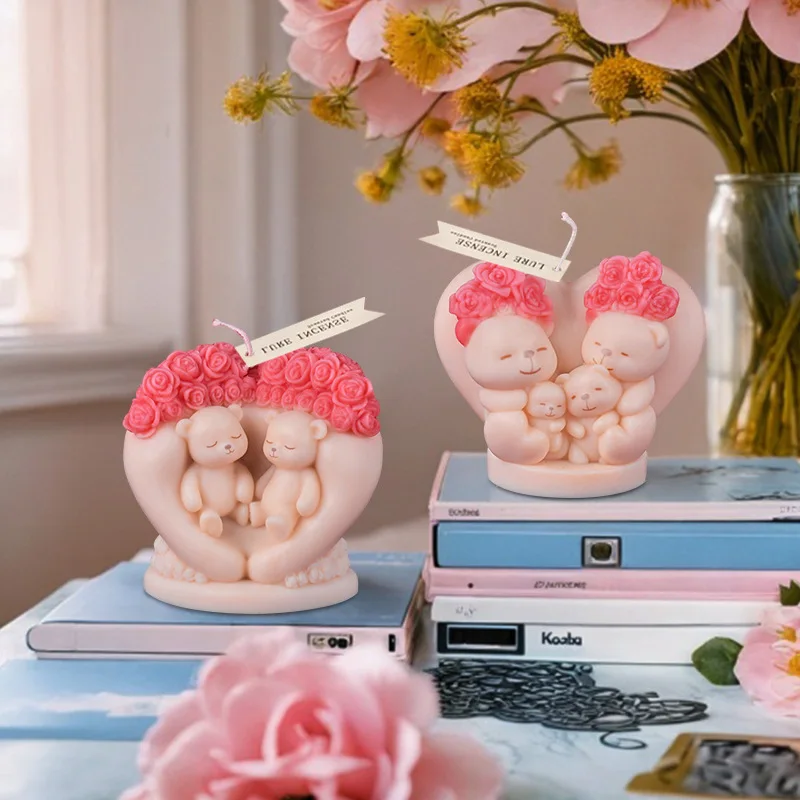 Love Bear Aromatherapy Candle Molds DIY Valentine\'s Day Love Rose Silicone Mould Gypsum Resin Pouring Tool for Gift Decoration