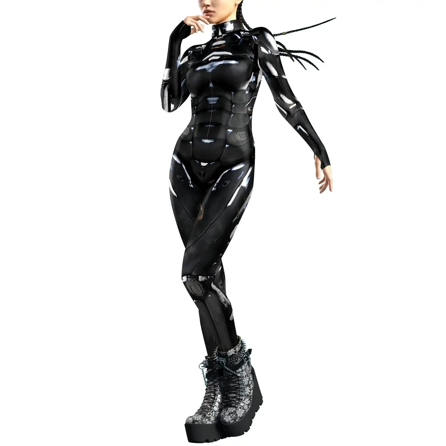 

Halloween Robot Women Punk Cosplay Costumes Gothic Print Bodysuit Festival Rave Party Front Zipper Black Jumpsuits Role Play