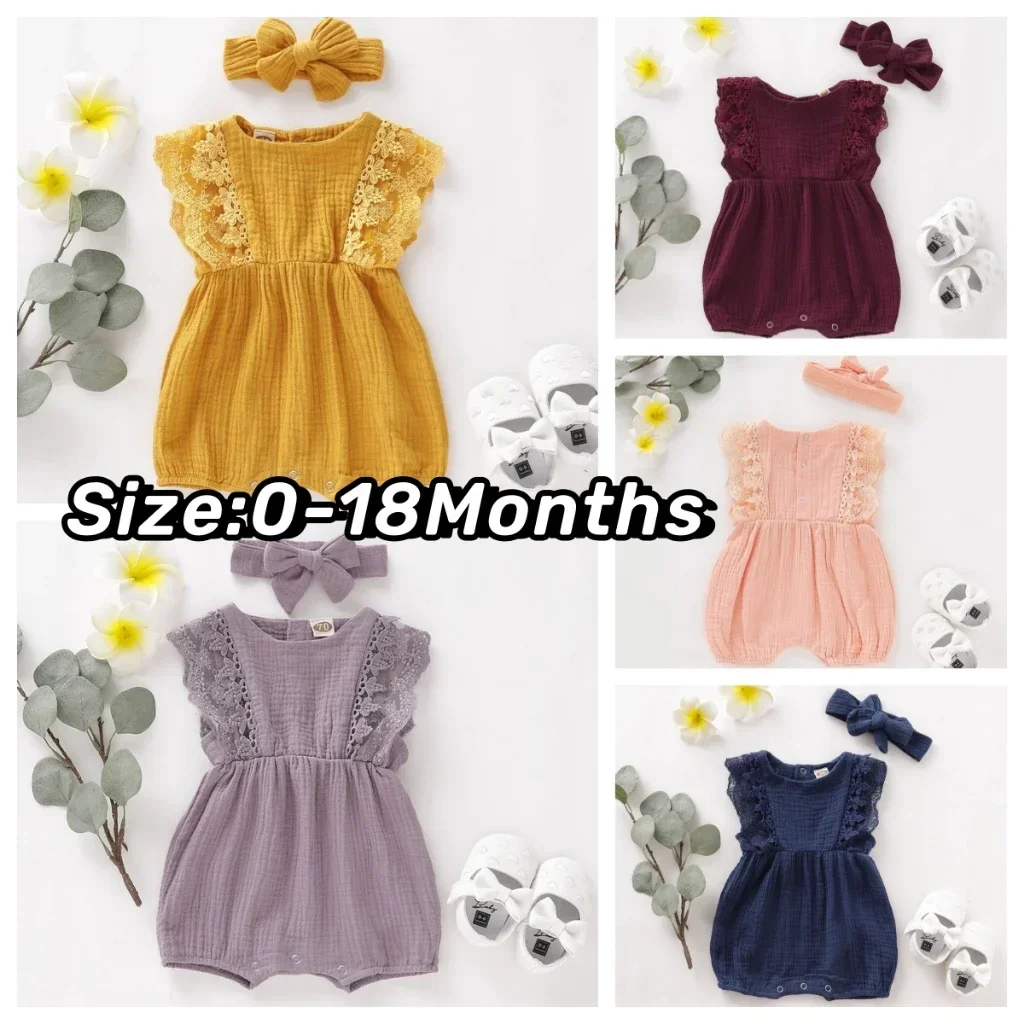 Newborn Baby Girl Romper Sleeveless Lace Bodysuit+Headband 2PCS Summer Cute Leisure Daily Jumpsuit for Toddler Girl 0-18 Months