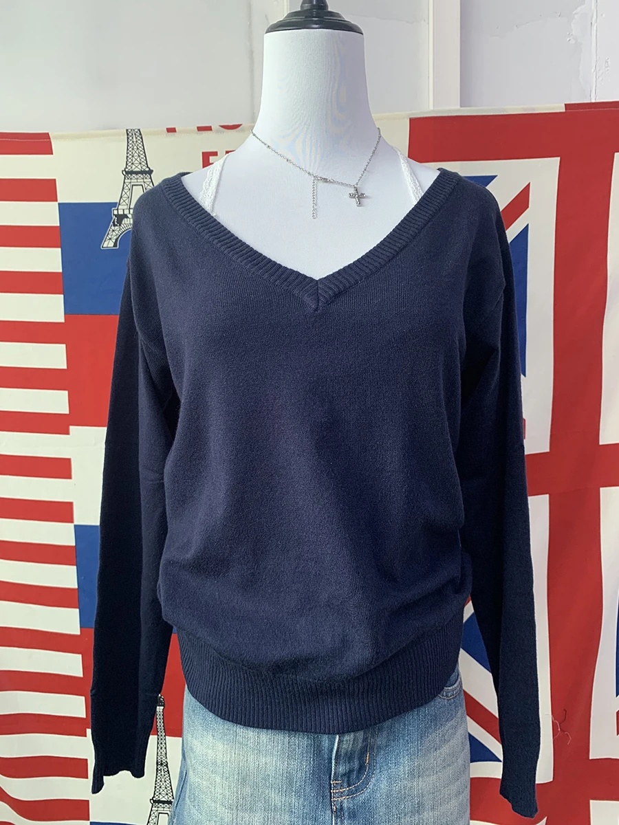 Marine Vintage Pullover Frau Herbst V-Ausschnitt Langarm Baumwolle Pullover solide einfache Streetwear adrette Stil Pullover y2k Pullover – Detail 3