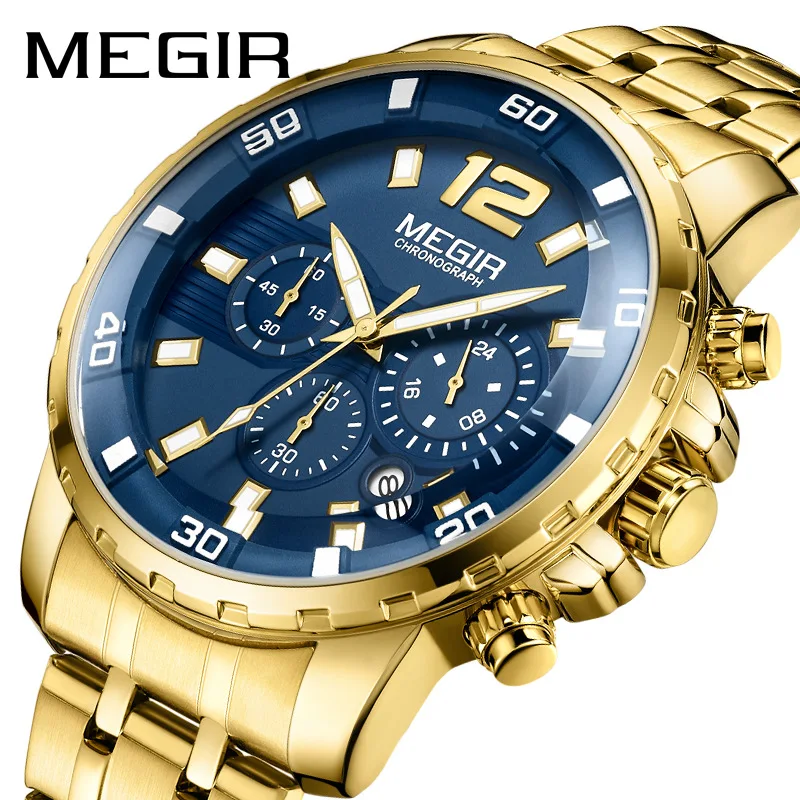 MEGIR 2068 Men\'s Business Sports Multifunctional Watch Casual Luxury Waterproof Stainless Steel Timing Quartz Watches for Men