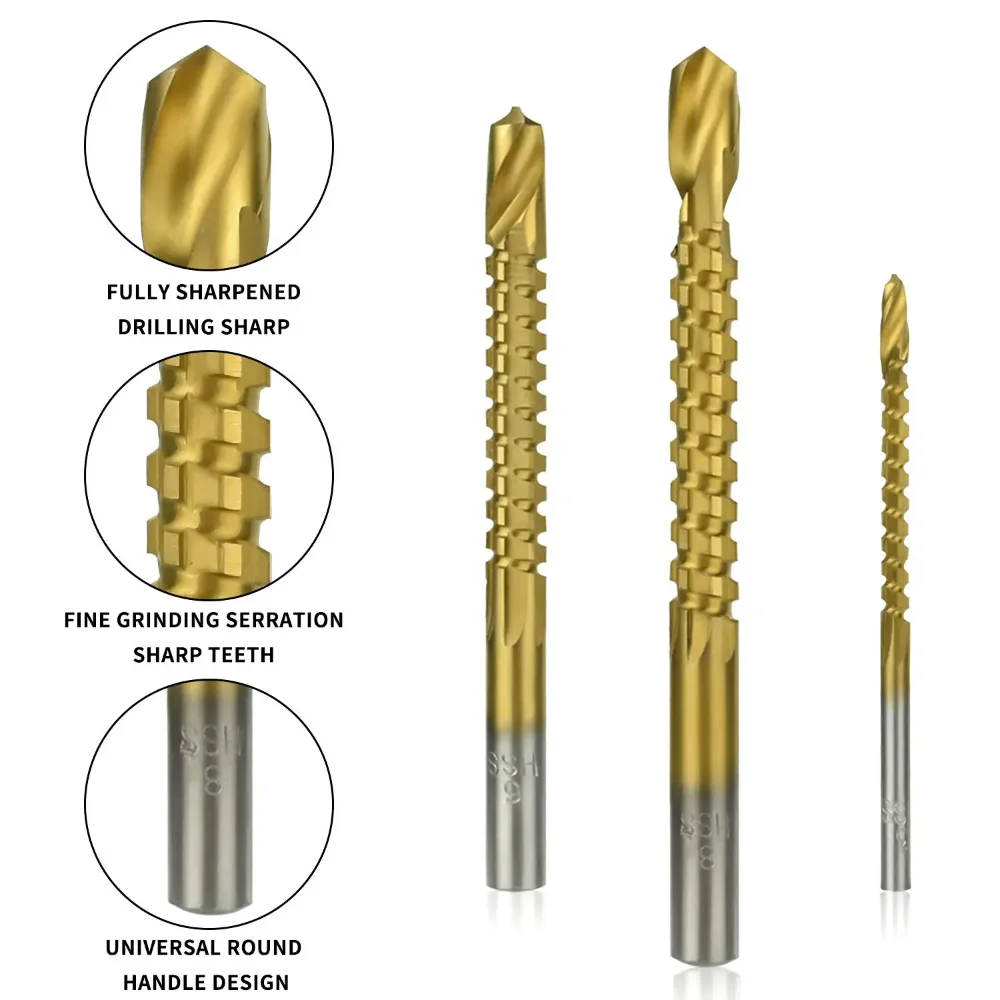 Broca de pagode revestida de titânio, broca de dente de serra, expansão de furo para carpintaria, conjunto de caixa de plástico com ranhura, perfuração de madeira, 6 peças