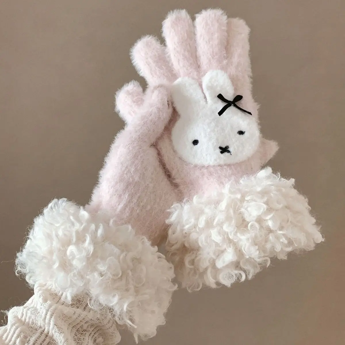 Kawaii Miffy Pink Plush Knit Gloves Touch‑screen Finger‑exposed Design Warm Cold‑proof Handwear for Winter Cycling Ladies Lovely