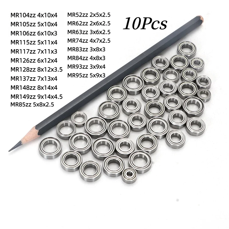 10Pcs Mixed Mini Thin Wall Deep Groove Ball Bearings MR52ZZ-MR149ZZ Double ZZ Metal Shield Chrome Steel Tiny Miniature Bearings