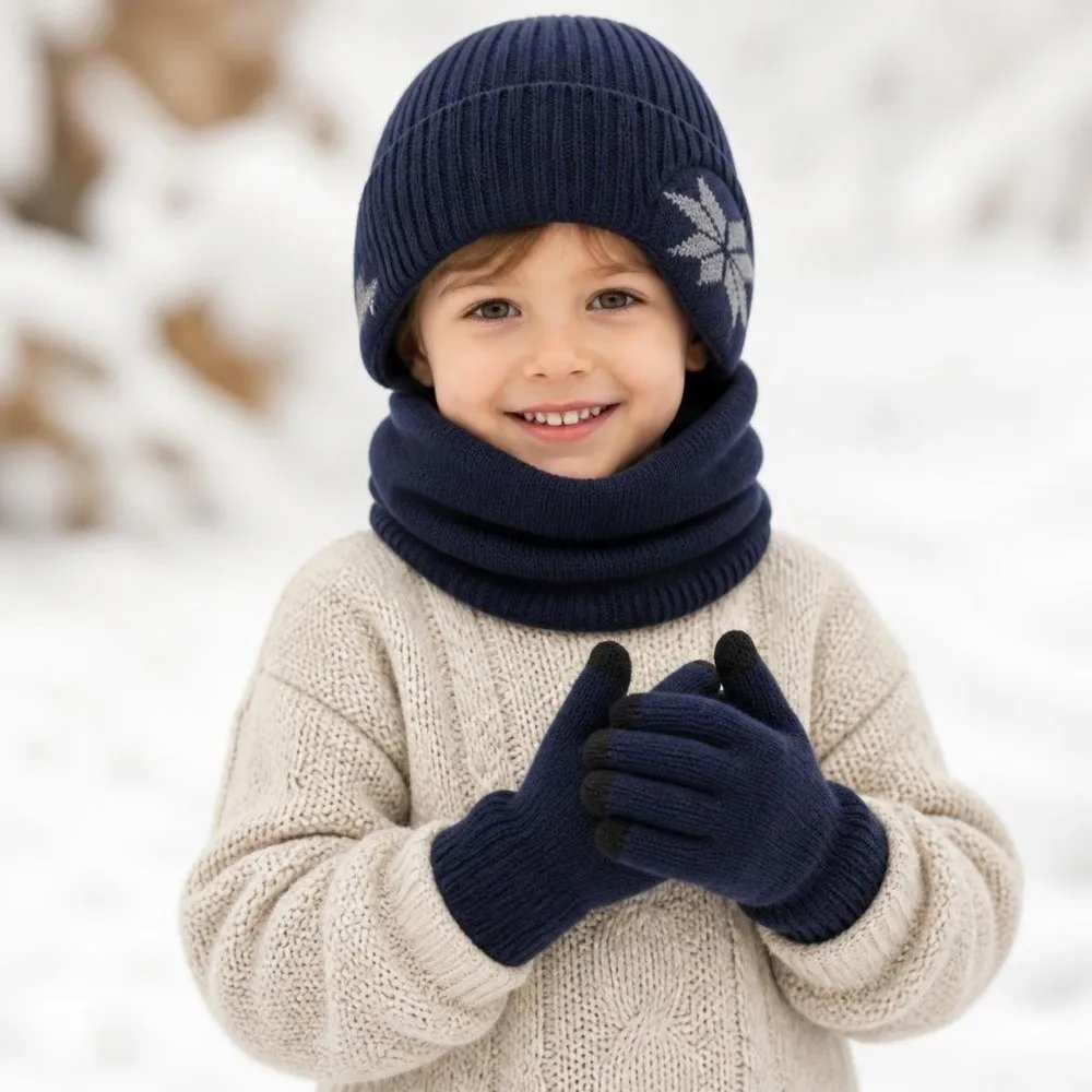 3Pcs Set Warm Winter Hat Scarf Gloves Set Ear Protection Non-slip Gloves Fleece Lined Winter Accessories Set Snowflake Pattern