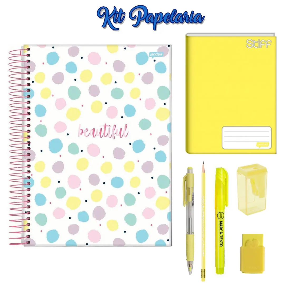 Kit Papelaria Tons de Amarelo Cor Amarelo Escolar Neon Pastel