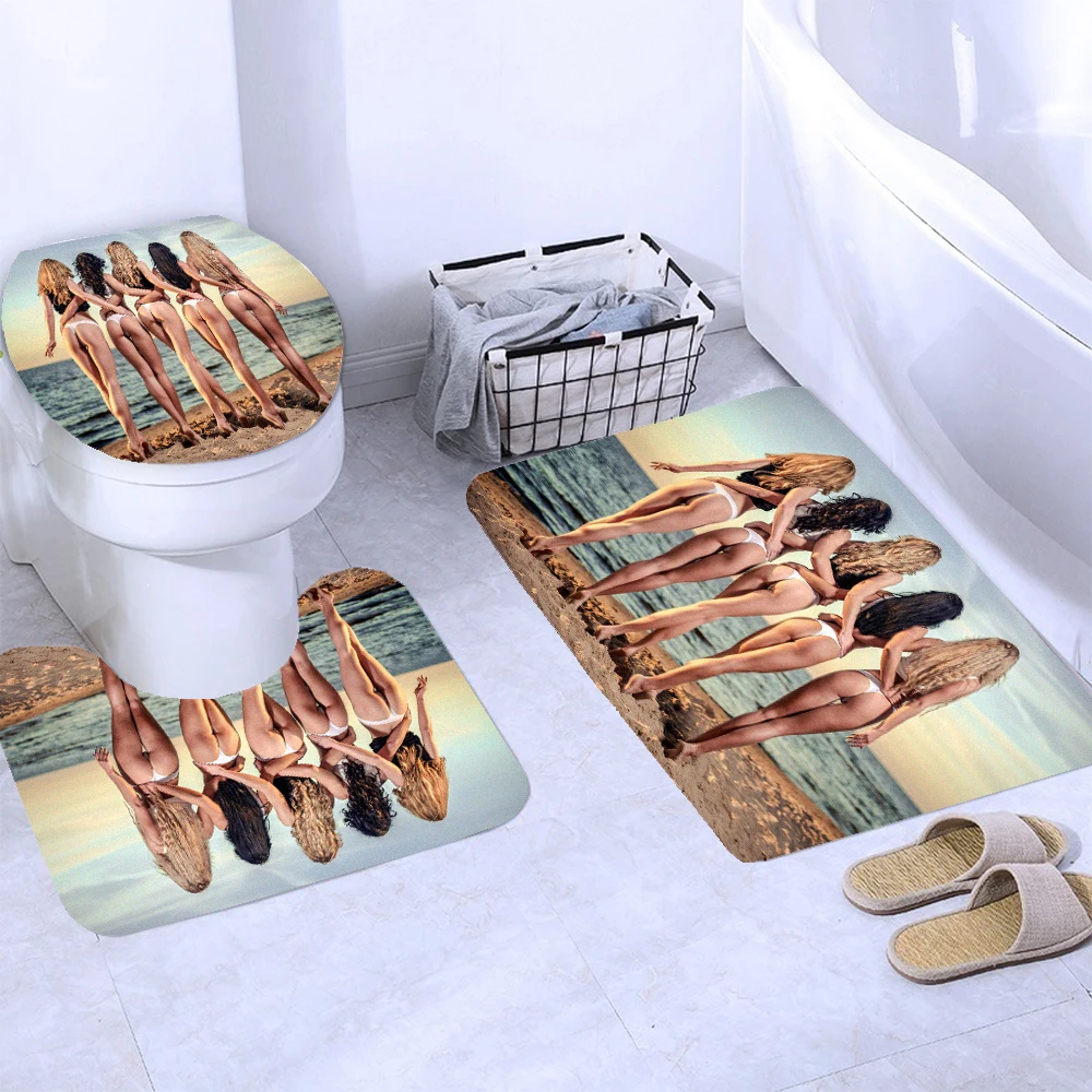 Sexy Beach Girl Bath Curtains lovely Girl Bathroom Shower Curtain Set With Non-Slip Rug Toilet Seat Cover Bath Mats