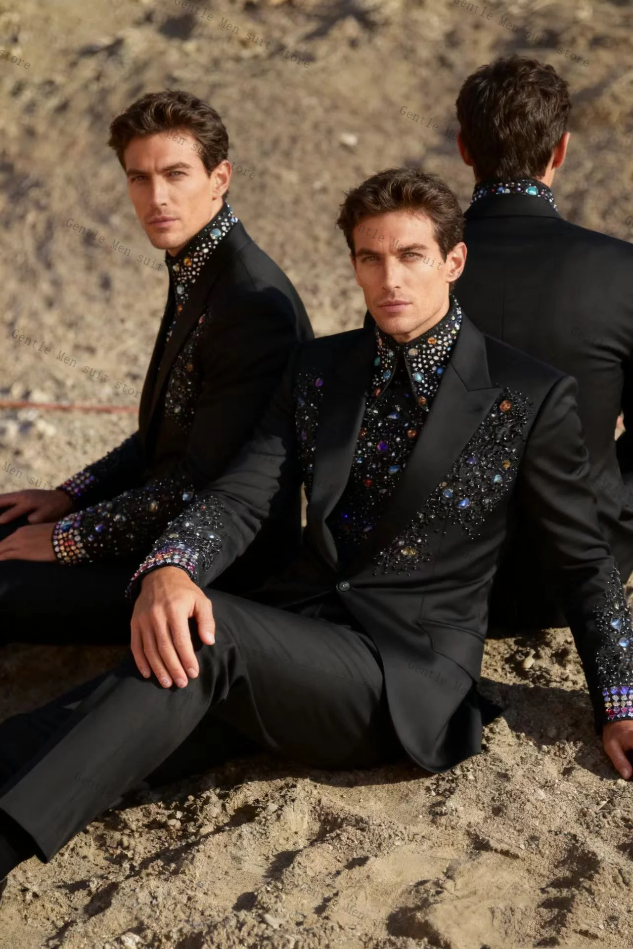 

Black Men Suit Set 2 Pcs Blazer+Pants Trousers Crystals Groom Wedding Tuxedo Formal Office Business Jacket Coat Customized