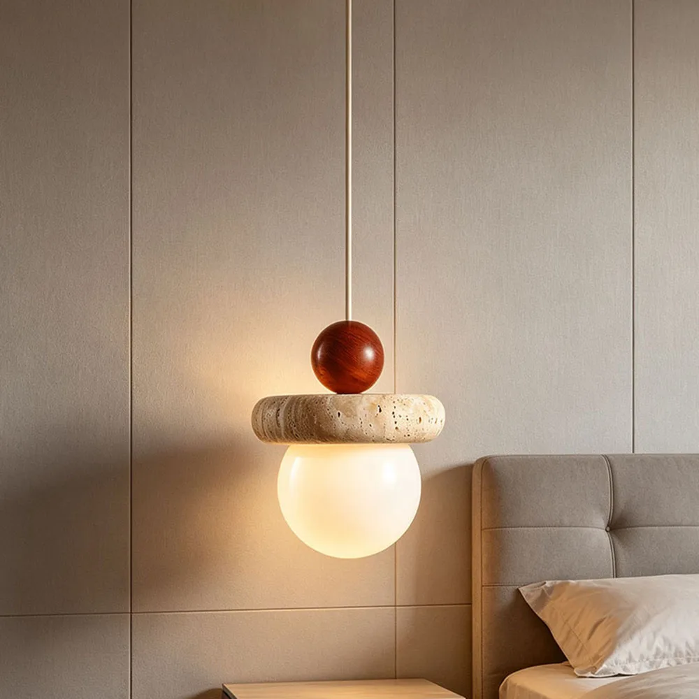 Natural Stone Wood Pendant Light Minimalist Globe Hanging Lamp Indoor Decor Lighting for Bedside Dining Entrance