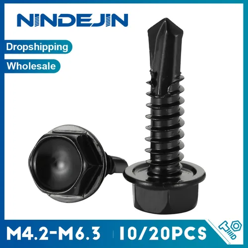 Tornillos autoperforantes de cabeza de arandela hexagonal, tornillo de rosca de Metal de hoja de Zinc negro 410, M4.2, M4.8, M5.5, M6.3, 8, #10, #12, #14, 10/20 piezas
