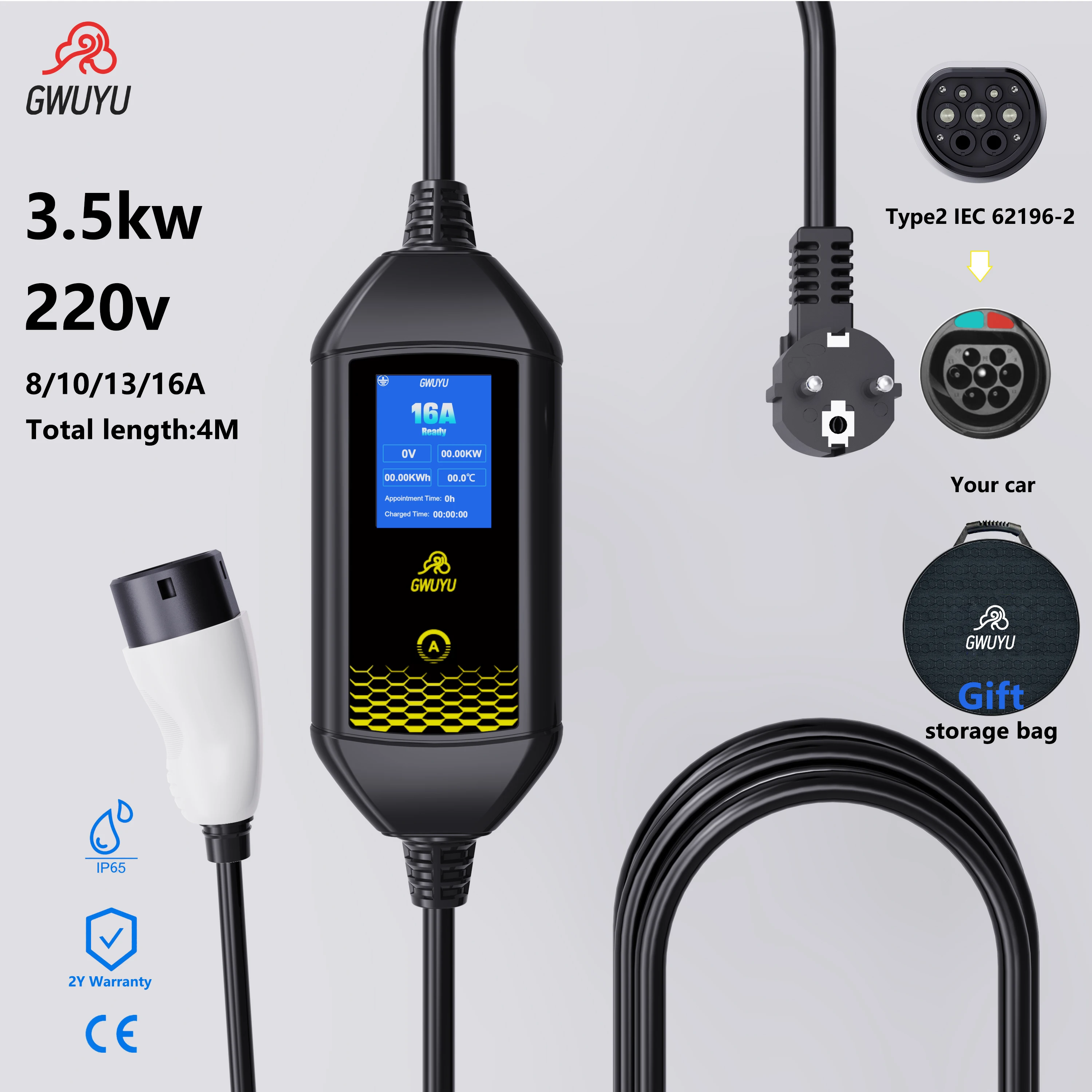 GWUYU 3.5KW Portable EV AC Charging Pile Type2 J1772 GBT EV Charger 2.8" Display  Home Portable EV Charging Station