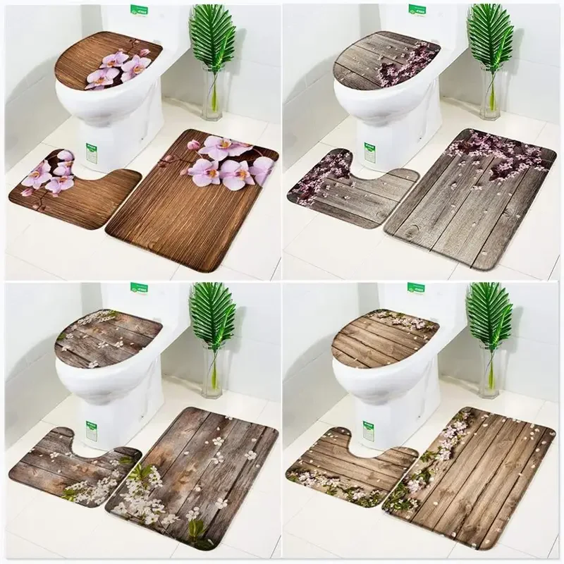 3pcs Set Orchid Bath Mat Flowers Wood Planks Background Toilet Pedestal Mat Toilet Seat Lid Covers Cushions Pads Bathtub Rug