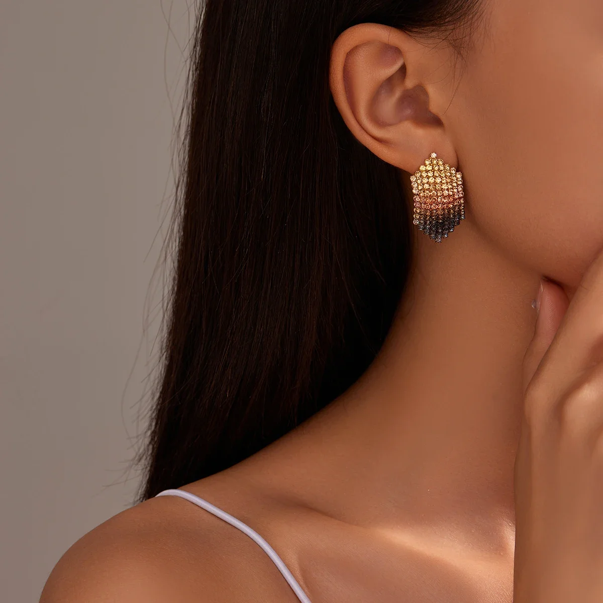 Women's Short Hexagon Earrings Fashion Rhinestone Sparkling Earrings Jewelry Shine Blue Green Gradient Earrings image 5