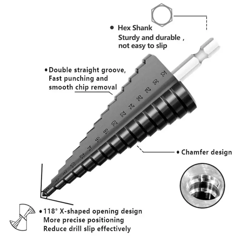 Imagem -02 - Hss Hex Titanium Coated Step Cone Broca Buraco Metal Madeira Cortador Ferramenta 412 mm 420 mm 4-22 mm 432 mm Universal Chuck Adapter