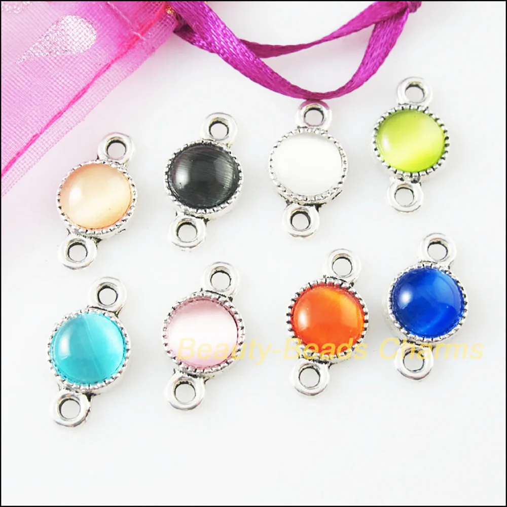 16Pcs Mixed Tibetan Silver Stone Round Charms Pendants Connectors 10x18.5mm