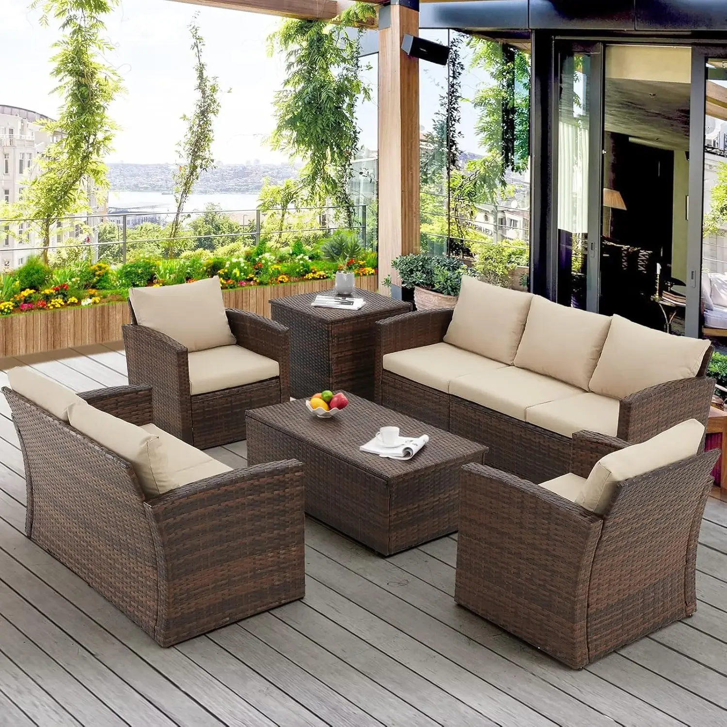 Outdoor Rattan Conversation Set，All-Weather PE Wicker Sectional Sofa for Garden, Backyard, Deck, Brown & Beige