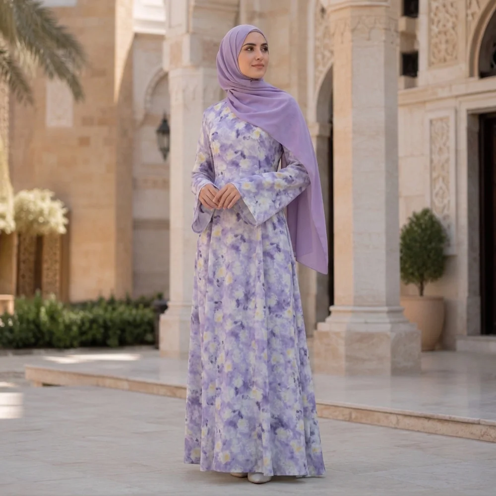Floral Print Gathered Waist Lace-Up Back Slim-Fit Lined Modest Hijabi Robe Muslim Women Corset Dress Ramadan Eid Islam Clothes