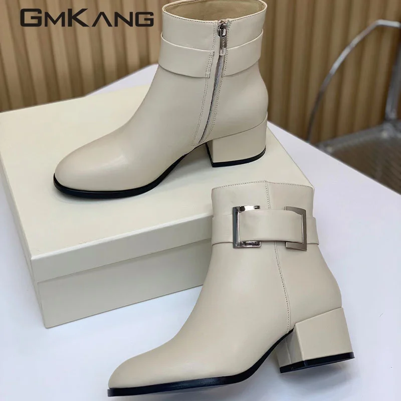 Large buckle thick heeled leather boots for women patch high heeled shoes for women spring and autumn 2023 luxury designer Chels