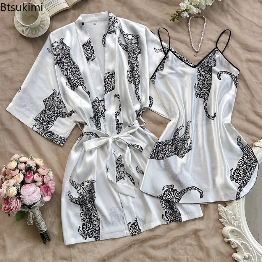 

2025 Women's Dressing Gown Nightdress Set Print Pajama Casual V-neck Spaghetti Strap Sleep Dress Robe Sleepwear Dresses Ladies