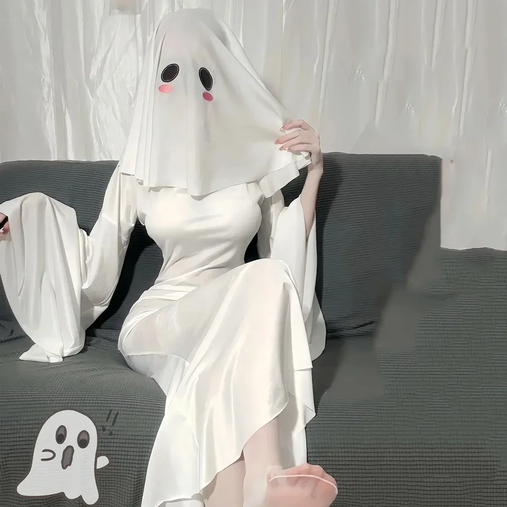 Disfraz de fantasma para mujer de Halloween, máscara facial para asustar, capa, traje de grito, vestido Sexy ajustado de cola de pez para mujer adulta