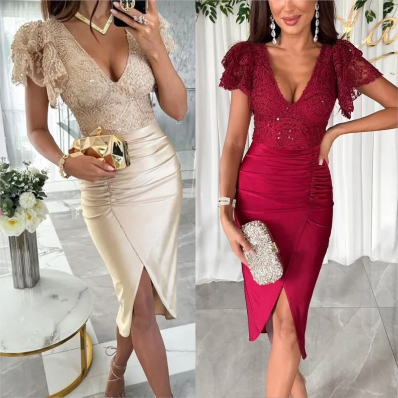 

2025 European and American Spring/Summer New Casual Short Sleeve Split Skirt Dress for Women's Fashion Party Dress
