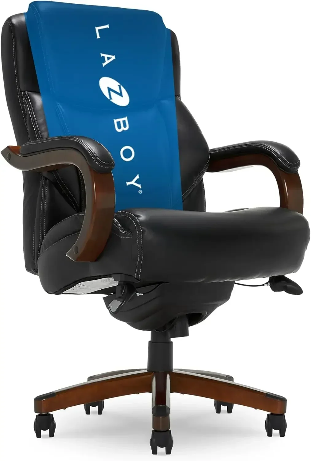 La-Z-Boy Delano Big & Tall Executive Office Chair, High Back Ergonomic Lumbar Support, Bonded Leather, Black with Mahogany Wood