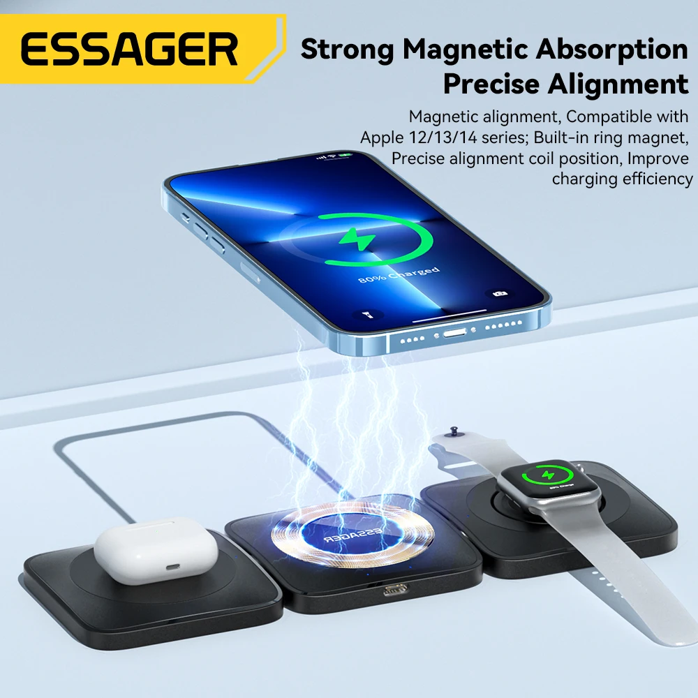 Essager 3 in 1 Magnetic Wireless Charger Stand for iPhone 14 13 12 Pro Max  Apple Watch AirPods 15W Fast Charging Dock Station