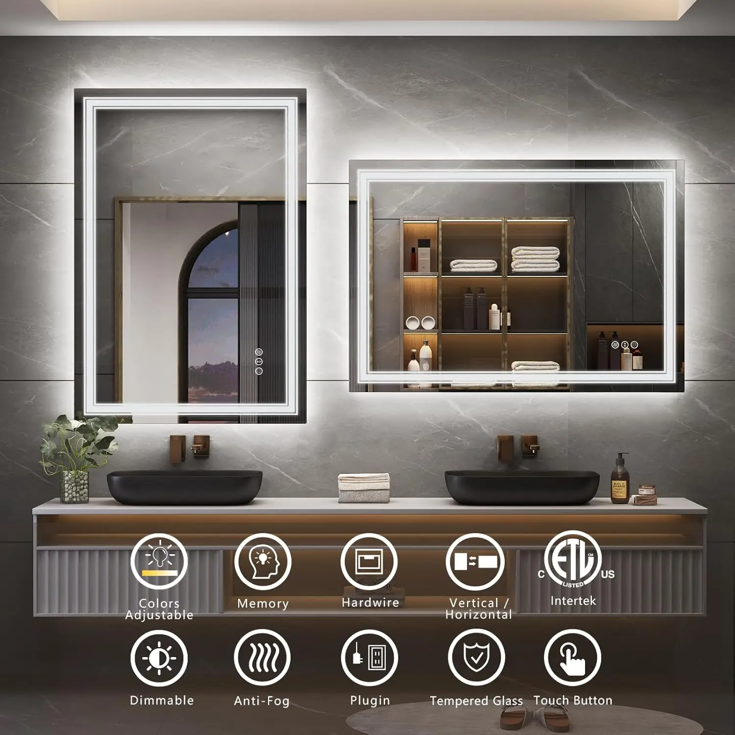 SH.KL Miroir LED pour mur de salle de bain, miroir de courtoisie à intensité variable avec lumières, rétroéclairé et éclairé sur le devant, intensité variable, antibuée, incassable