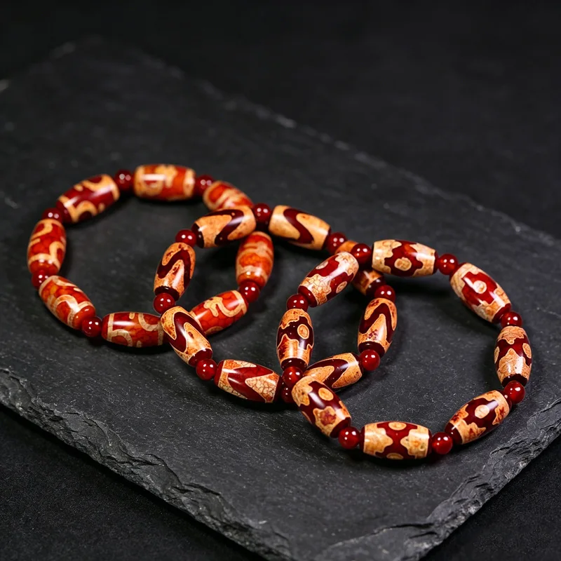 Jinqin Calcified Tibetan Natural Agate Vase Three-Eyed Tiger Tooth Dzi Bead Loose Bracelet Necklace Buddhist Beads High En