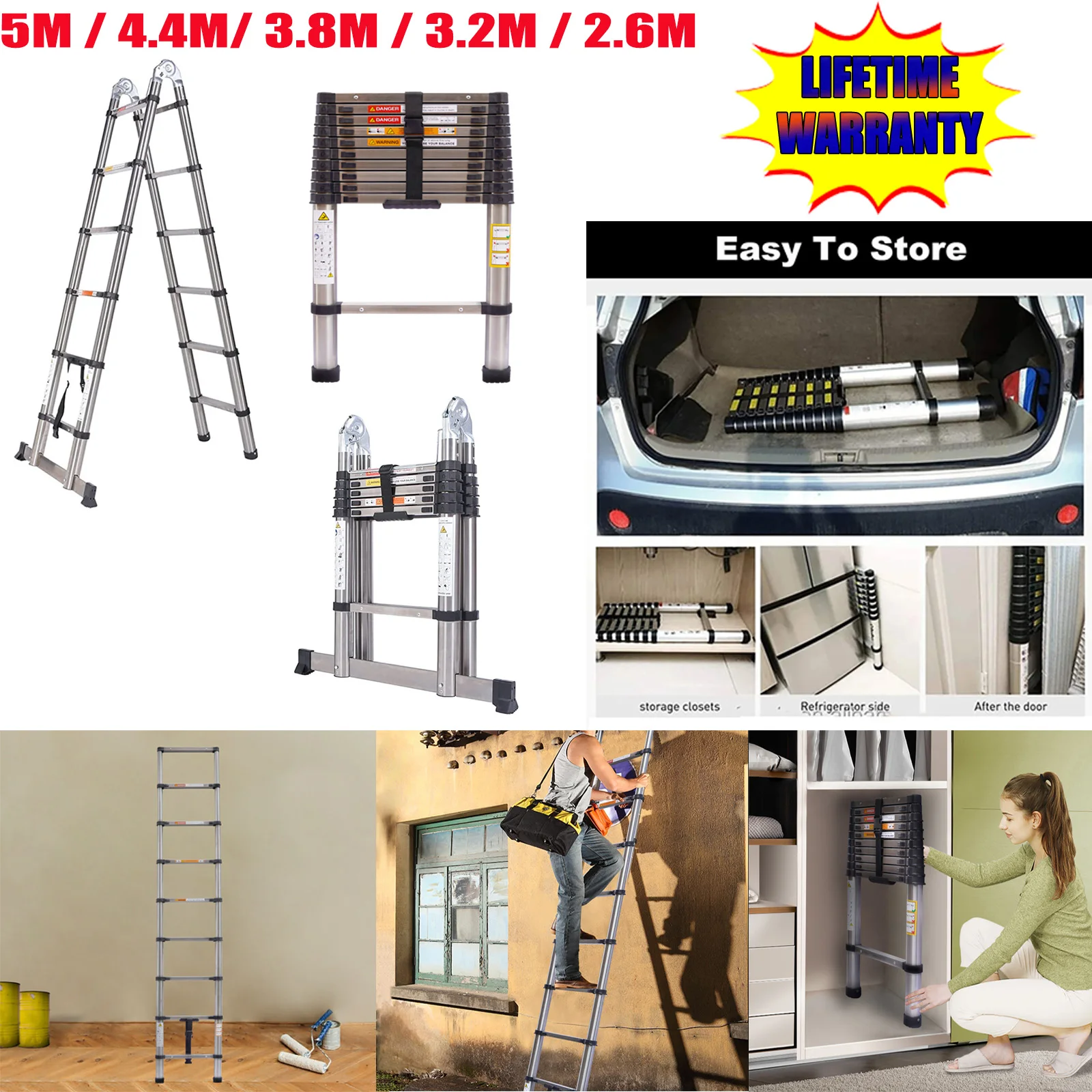 Telescopic Ladder Extendable Multi-Purpose Stainless Steel Telescoping Ladder Portable Sturdy Loft Ladder with EN131 Standard