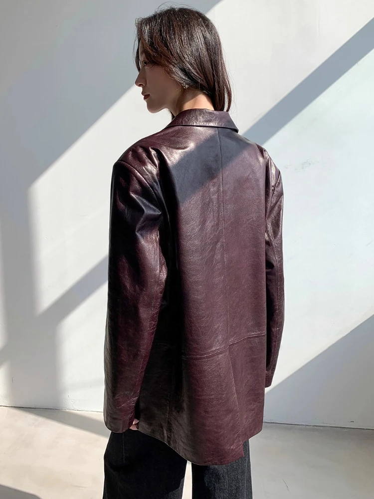 Vestes Blazer décontractées en cuir véritable pour femmes, nouveau manteau haut de gamme Simple, solide, cire d'huile douce, en peau de mouton véritable, printemps automne 2025