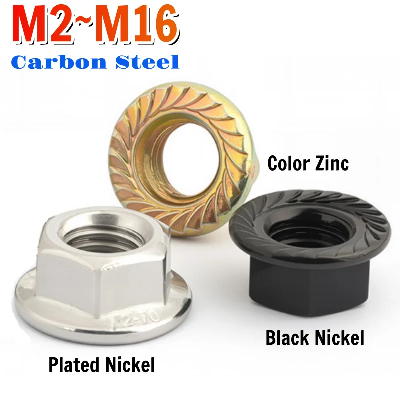Beicai Carbon Steel Serrated Spinlock Hex Flange Nut Black Nickel-plated Color Zinc Lock Flange Nuts M2 M2.5 M3 M4 M5 M6 To M16