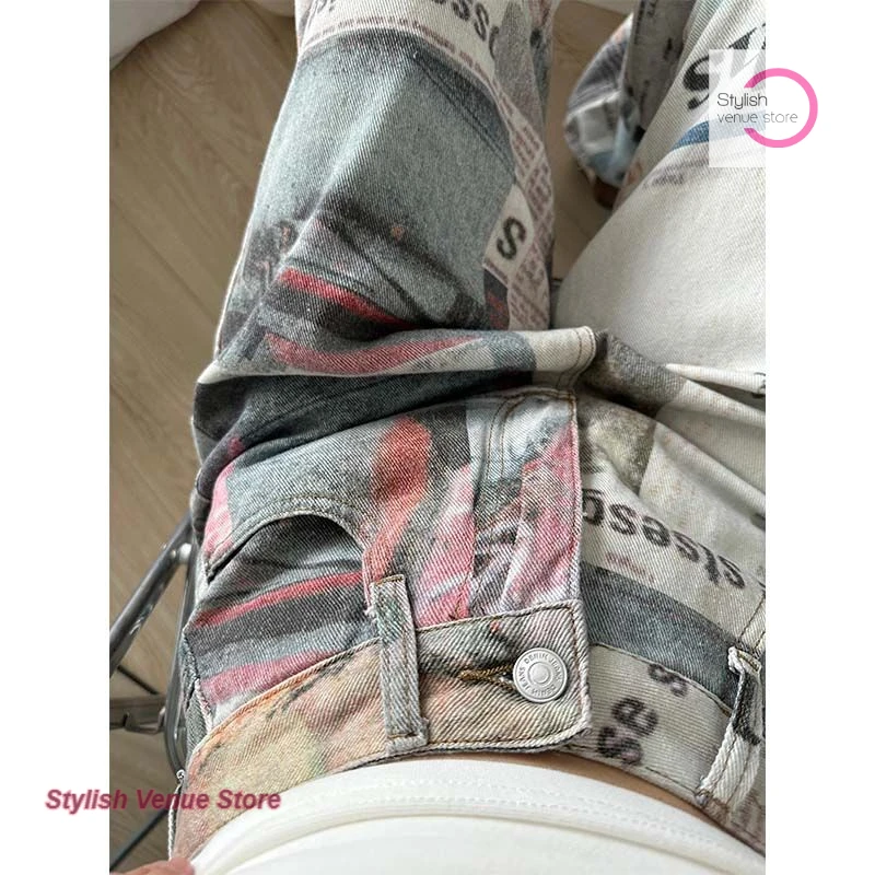 American retro print newspaper jeans women's spice girls loose fashion temperament high waist slim mop straight wide-leg pants.