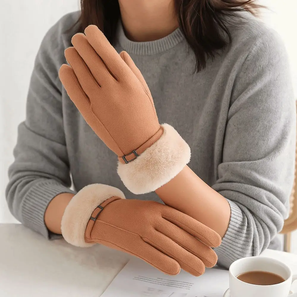 قفازات عصرية من جلد الغزال مقاومة للرياح، قفازات رياضية ناعمة ومريحة لركوب الدراجات، قفازات شتوية دافئة تعمل باللمس للنساء والفتيات