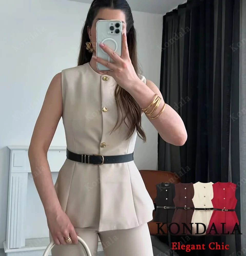 

KONDALA элегантный жилет с поясом для поездок на работу, женский тонкий жилет без рукавов на пуговицах, весна-осень 2022, модный уличный простой женский жилет